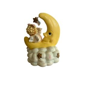 Vintage Cherub Angel on Crescent Moon Cloud Figurine Celestial Nursery Decor